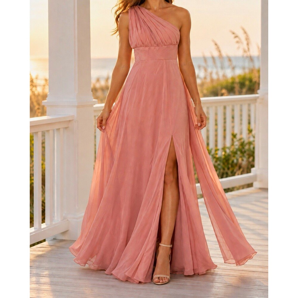 JJ's House Pink One-Shoulder Sleeveless Maxi Bridesmaid Dress Front Slit